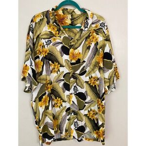 Steven Wear Hawaiian‎ Shirt Mens 2X Yellow Green Tropical Hibiscus Sea Turtle